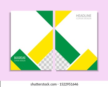 Design a cover background template. abstract geometric green and yellow colors, and transparent screens for brand images. eps10