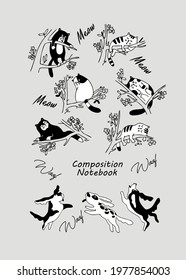 Design cover book. Composition Notebook, Exercise book. College Notebook, School Notebook for Girls and Boys.  Doodle Style. Funny dogs and cute cats . Black and white . Vector 