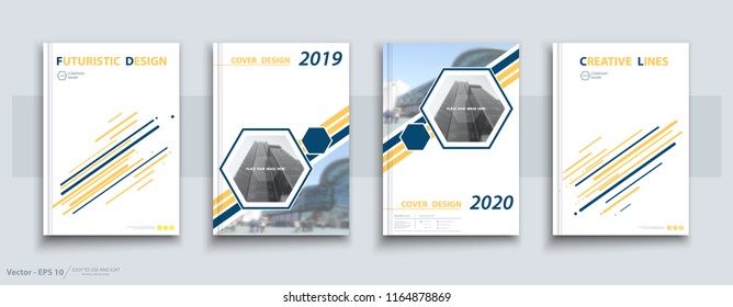 Design, cover of business brochures, information banner frame. A set, a cover, a technical flyer, a preview. Modern, image, first page with the texture of the city street. Blue, yellow, white, vector