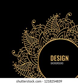 Design cover with golden vector mandala on black background. A symbol of life and health. Invitation, banner, magic symbol.
