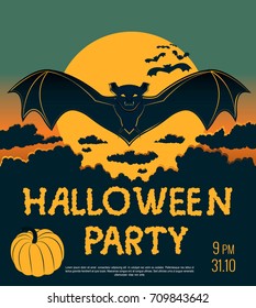 The design of the cover or leaflets for the celebration of Halloween, bat against the backdrop of the setting sun