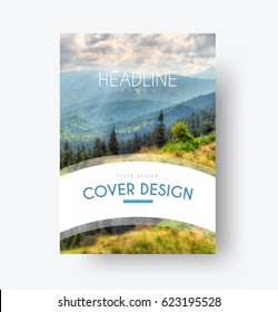 design of the cover in a minimalist style. A flyer template with a white arc for the title, and a photo of the mountains on the background. Universal brochure for businessor travel. photo a mosaic