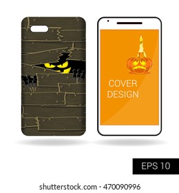 Design cover mobile smartphone with black scary monster staring from behind the old wooden wall concept in cartoon style. Vector illustration  isolated on white background