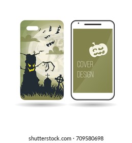 design of the cover of the phone halloween terrible tree against the backdrop of a huge moon in the cemetery with graves and crosses