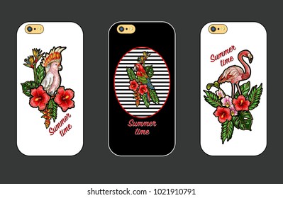 Design cover for phone with tropical embroidery patches of flamingo, parrot and flowers.