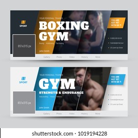 design of the cover for social networks with diagonal lines and photos. Vector black and white template banner with orange and blue elements, and ribbon. Sports sample