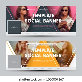 Design of a cover for social networks with triangular elements and a place for a photo. Vector banner template. Set
