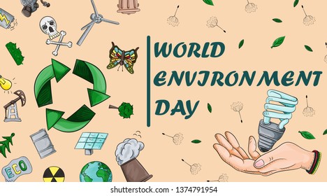 design cover of various objects of human life, the theme of the world environment day pollution problems, for the design of the backgrounds of printed products and the web
