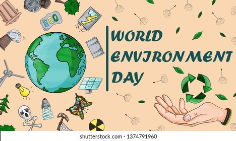 design cover of various objects of human life, the theme of the world environment day pollution problems, for the design of the backgrounds of printed products and the web