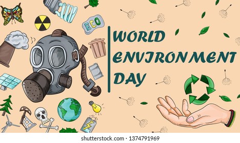 design cover of various objects of human life, the theme of the world environment day pollution problems, for the design of the backgrounds of printed products and the web