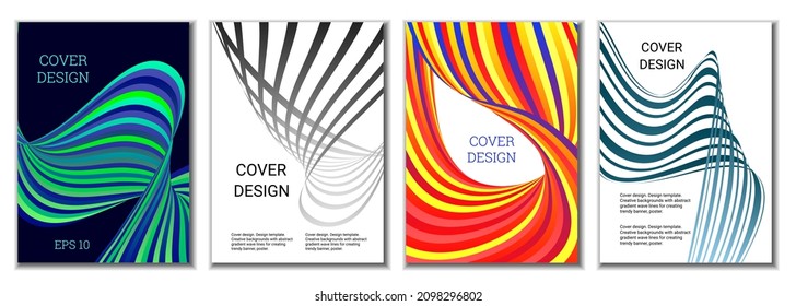 Design of covers for magazines, banners, posters. Set of 4 covers. Multicolored wavy parallel gradient lines or ribbons.