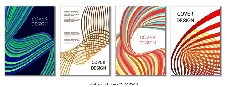 Design of covers for magazines, banners, posters. Set of 4 covers. Multicolored wavy parallel gradient lines or ribbons.