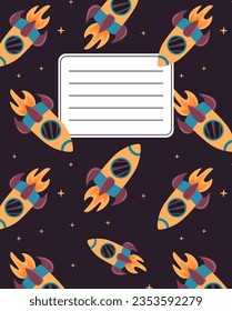 Diseño de portadas para cuadernos, planificadores con la imagen de un cohete. Viaje espacial.  Ilustración vectorial al estilo de las caricaturas.