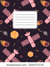 Design of covers for notebooks, planners with the image of a space station, the moon, a meteorite, a shooting star, a planet. Space travel.  Vector illustration in cartoon style.