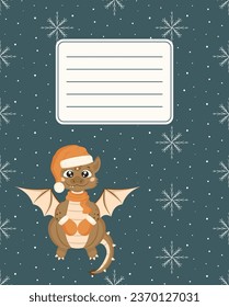 Design of covers for notebooks, planners with the image of a smiling dragon with a Santa Claus hat, scarf and mittens. A little dinosaur. Vector illustration in cartoon style.