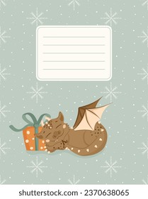 The design of covers for notebooks, planners with the image of a cute dragon who sleeps next to a gift box. A little dinosaur. Vector illustration in cartoon style.