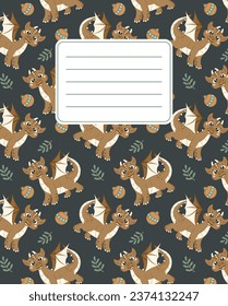 Design of covers for notebooks, planners with the image of a smiling dragon standing on its paws. A small dinosaur.  Vector illustration in cartoon style.