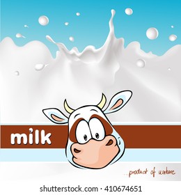 design with cow and milk splash - vector illustration