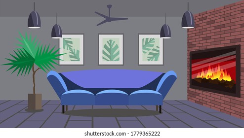 Design of a cozy bedroom with a bed and a fireplace. Vector illustration