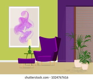 Design of a cozy living room with a trendy chair of ultraviolet color.