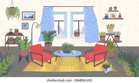 Design cozy room concept, lounge chamber with organic green floral plants pot, red armchair cartoon vector illustration, isolated on white.