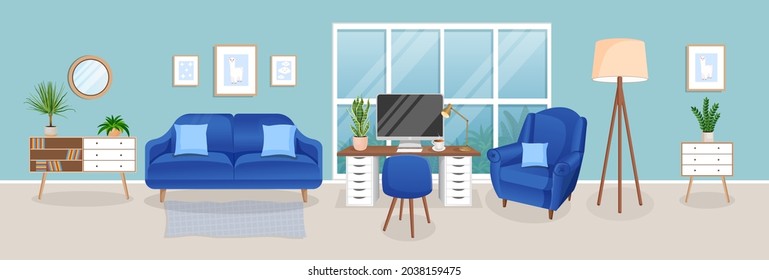 Design of a cozy room for working from home. Office with computer, workplace room, cabinet. Modern living room interior with furniture and house plants. Vector flat style illustration.