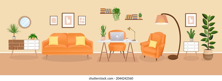 Design of a cozy room for working from home. Office with computer, workplace room, cabinet. Modern living room interior with furniture and house plants. Vector flat style illustration.