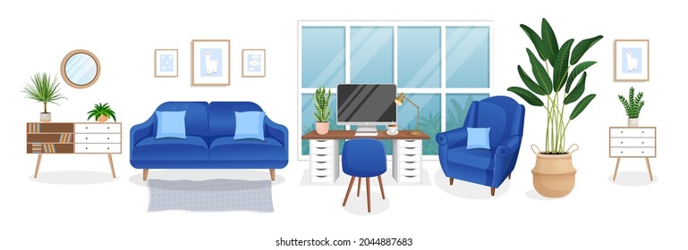 Design of a cozy room for working from home. Office with computer, workplace room, cabinet. Modern living room interior with furniture and house plants. Vector flat style illustration.