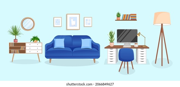 Design of a cozy room for working from home. Office with computer, workplace room, cabinet. Modern living room interior with furniture and house plants. Vector flat style illustration