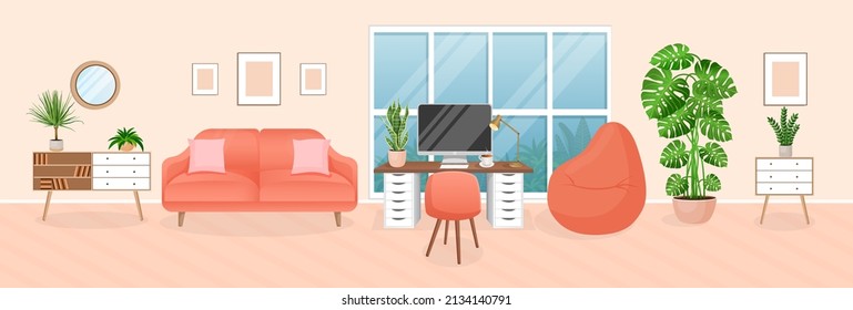 Design of a cozy room for working from home. Office with computer, workplace room, cabinet. Modern living room interior with furniture and house plants. Vector flat style illustration.