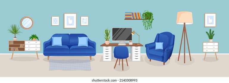 Design of a cozy room for working from home. Office with computer, workplace room, cabinet. Modern living room interior with furniture and house plants. Vector flat style illustration.