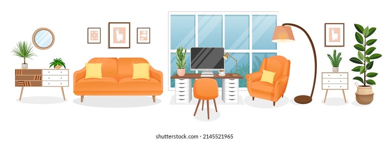 Design of a cozy room for working from home. Office with computer, workplace room, cabinet. Modern living room interior with furniture and house plants. Vector flat style illustration.