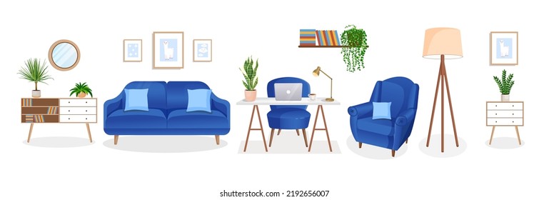 Design of a cozy room for working from home. Office with computer, workplace room, cabinet. Modern living room interior with furniture and house plants. Vector flat style illustration.