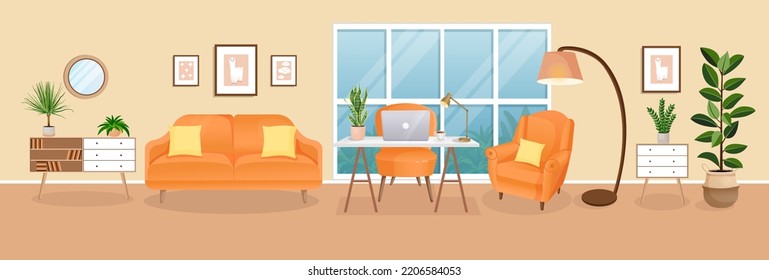 Design of a cozy room for working from home. Office with computer, workplace room, cabinet. Modern living room interior with furniture and house plants. Vector flat style illustration.