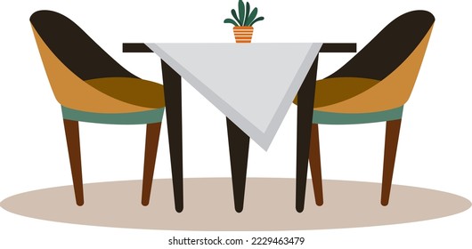 Diseño de una acogedora mesa con silla cafetería, área de cafetería concepto aislada en blanco, ilustración vectorial plana. Mechón de maceta en el escritorio de madera.