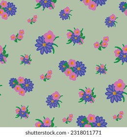 A design created on a green background featuring scattered bouquets of purple and blue daisies and pink flowers complete this seamless repeat pattern design. 