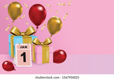 Design Creative Abstract New Year celebration. Golden and red balloons. Pink, blue and Calendar gift boxes on gradation background. Copy space text wide area. Vector 3D illustration.