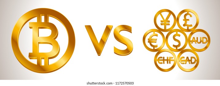 Design creative concept Bitcoin Cryptocurrency VS World currencies (signs: dollar icon, bitcoin coin, euro sign, pend sterling symbol) Isolated golden Coins icons idea, web currency banking vector 