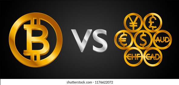 Design creative concept Bitcoin Cryptocurrency VS World currencies (signs: dollar icon, bitcoin coin, euro sign, pend sterling symbol). Isolated golden Coins icons idea, web currency banking vector 