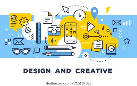 Design and creative concept on blue background with title. Vector illustration of set of tools, phone, objects and icons. Thin line art flat style design for web, site, banner, business presentation