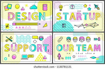 Design creative thoughts and start up banners collection, support posters with human helping clients, our team working people, vector illustration