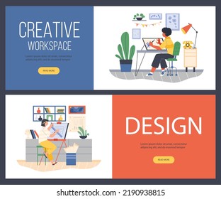 Design and creative workspace web banners template, flat vector illustration. People working as digital graphic designer and infographic designer. Freelancers or office employees sitting at desk.
