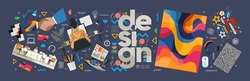 Design, Creativity And Business. Vector Modern Abstract  Geometric Illustration Of Advertising Agency, Graphic Design At Computer At Work, Handshake, Creative Office For Poster, Flyer Or Background