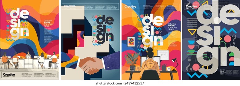 Design, creativity and business. Vector modern abstract  geometric illustration of advertising agency, graphic design at computer at work, handshake, creative office for poster, flyer or background svg