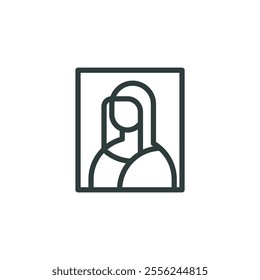 Design, creativity, picture, art, masterpiece, outline icon. Line sign painting portrait of Mona Lisa Gioconda. Vector isolated pictogram for web and app on white background editable stroke.