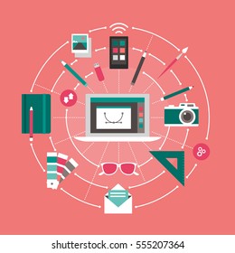 Design, creativity and technology banner: laptop, graphic designer work tools and icons connecting together