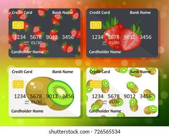 Design for credit card with strawberry and kiwi. Bank or business collection. strawberry and kiwi on frontal side of credit or gift card