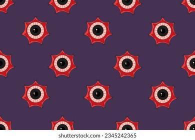 Design of Creepy Halloween banner cover with scary open Cartoon Eyeball. Halloween seamless pattern with Monster Eyes. Wrapping paper design. Holiday concept with Horror element. Vector illustration. 