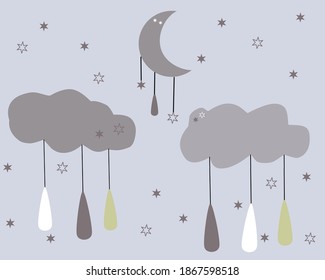 Design of crescent moon star and lamp hanging on clear sky, for your child's room wall sticker, room decoration frame, great for blankets, bed covers, mattresses, blankets