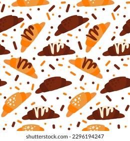 The design with a croissant pattern is plain and chocolate with dots and lines. Baking background with croissant and spots. Seamless pattern with colored croissants and decor on a white background